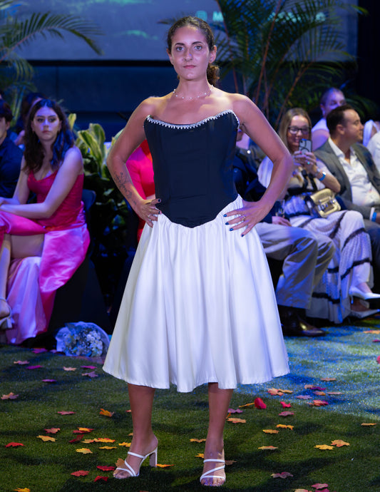 Monochrome Elegance: Corset & Satin Midi