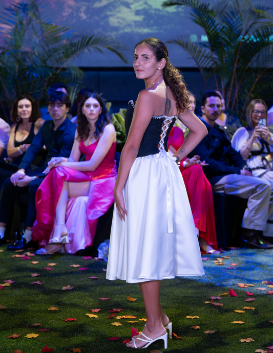 Monochrome Elegance: Corset & Satin Midi